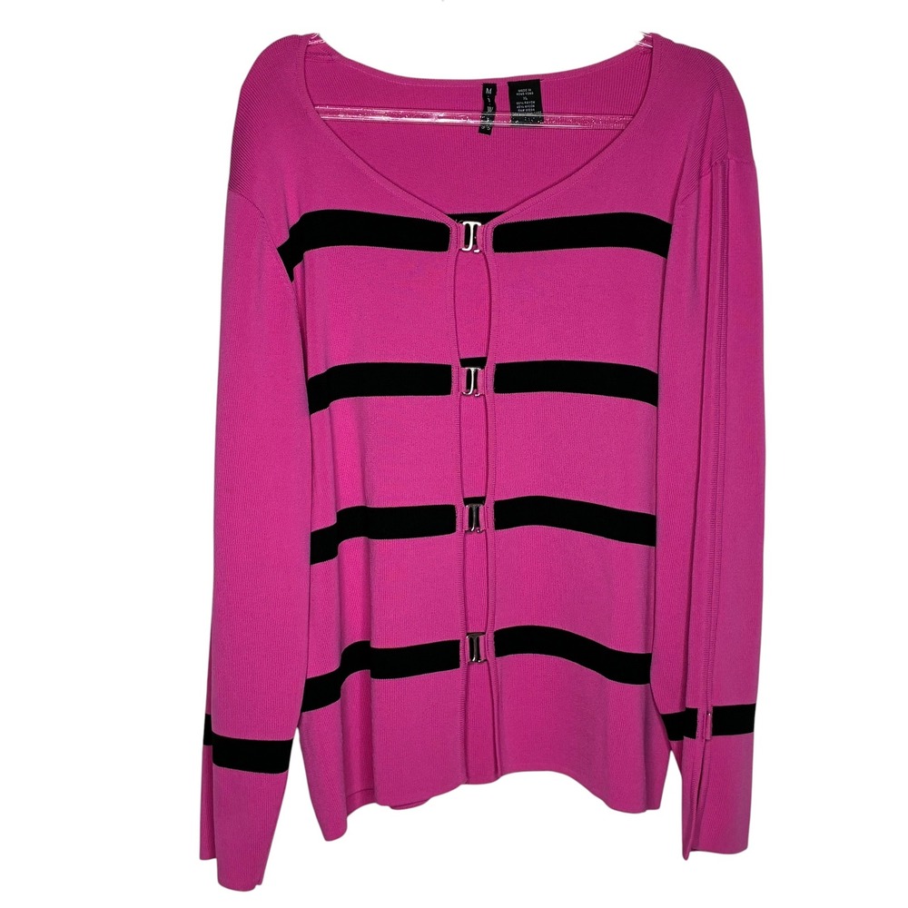 MTWT 9-5 Womens XL Pink Black Striped Cardigan Sweater Metal Clasp Preppy